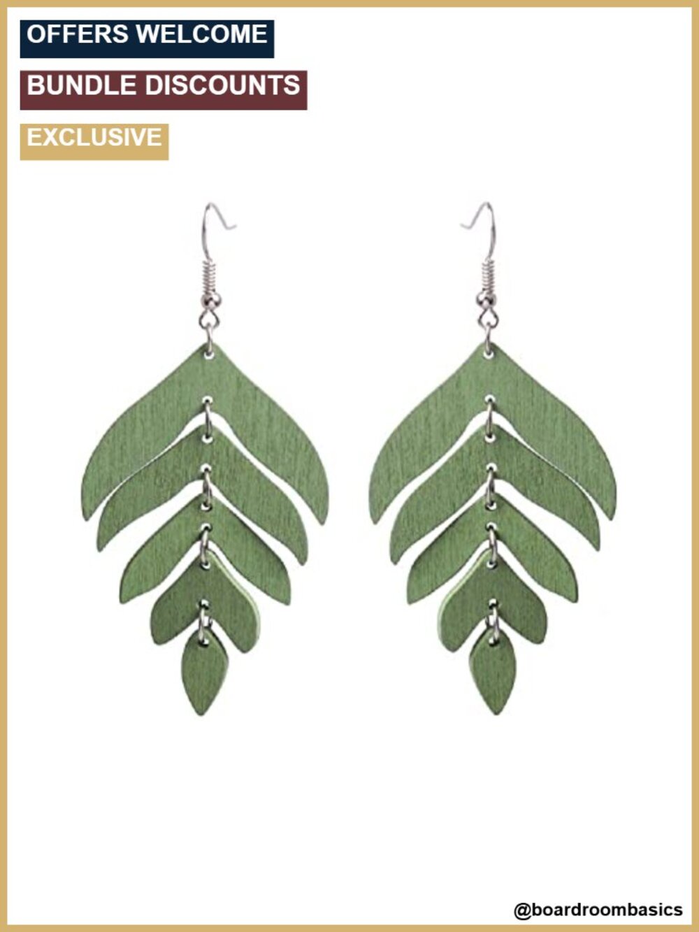 Wooden Leaf Drop Dangle Earrings Gold Plated Brass Handmade Lightweight Boho
